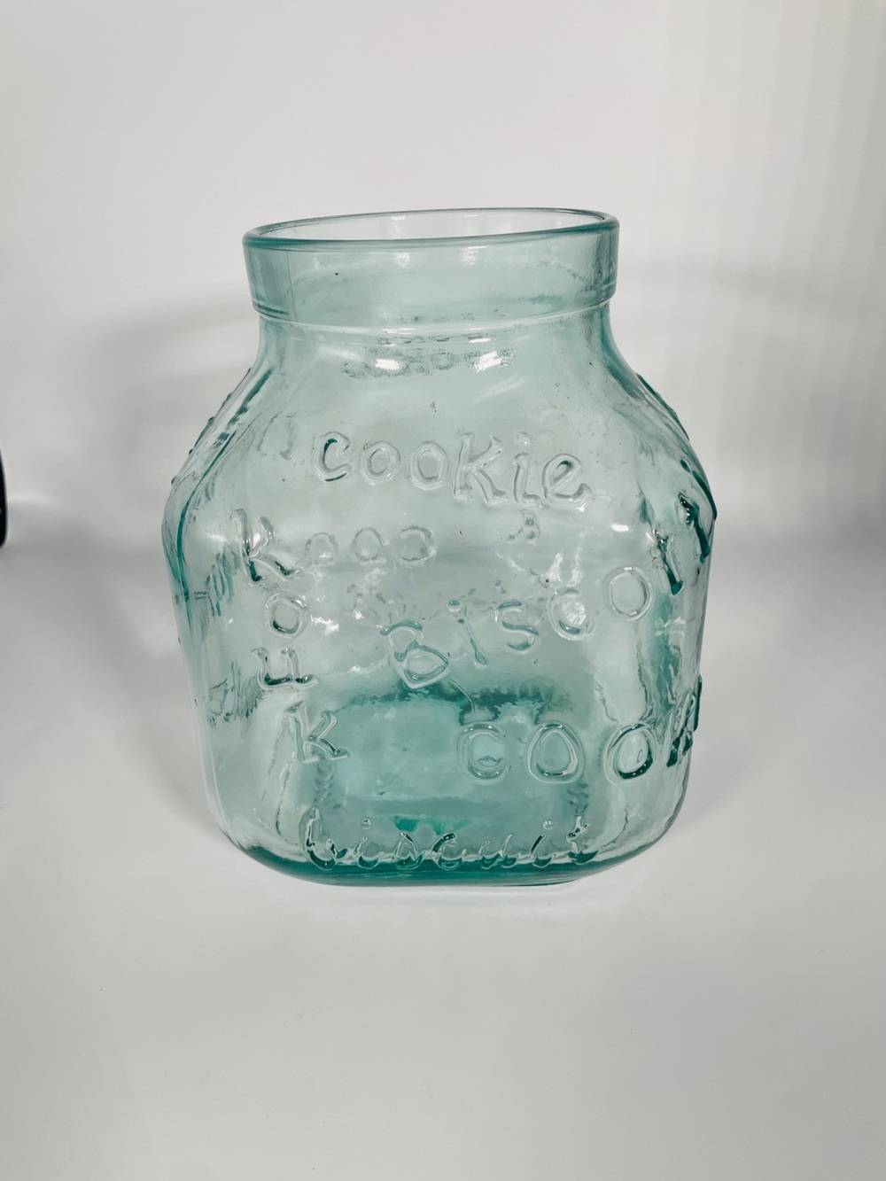 Vintage Aqua Glass Cookie Biscuit Jar Embossed Farmhouse Kitchen Decor